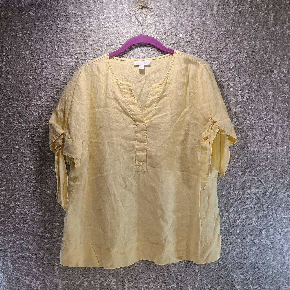 Charter‎ Club Yellow Linen Tunic Shirt Medium Bow Sleeves Pullover V-neck
